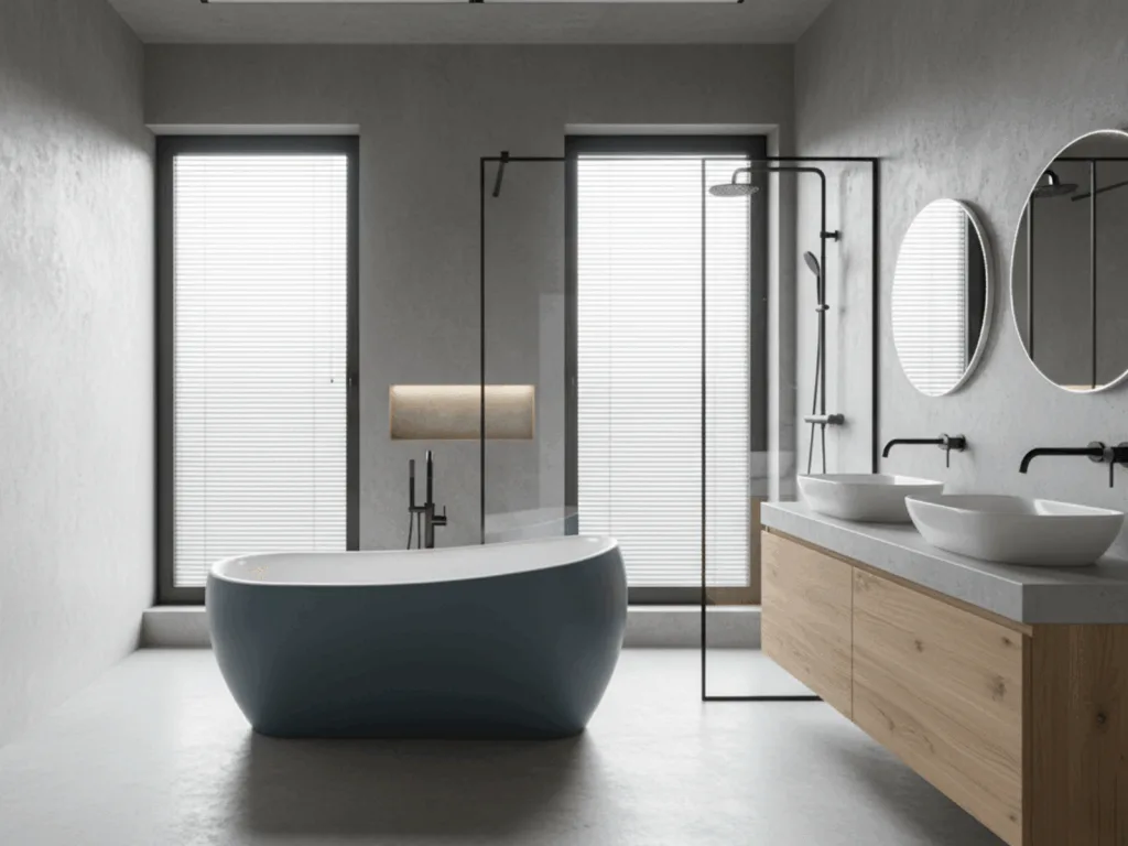 Luksusowa łazienka w stylu modern industrial z panoramicznym oknem